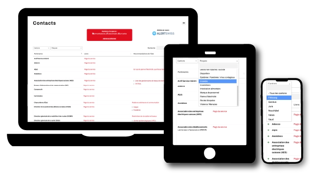 Contacts utiles et recommandations officielles en cas de crise filtrables par canton et par risque.